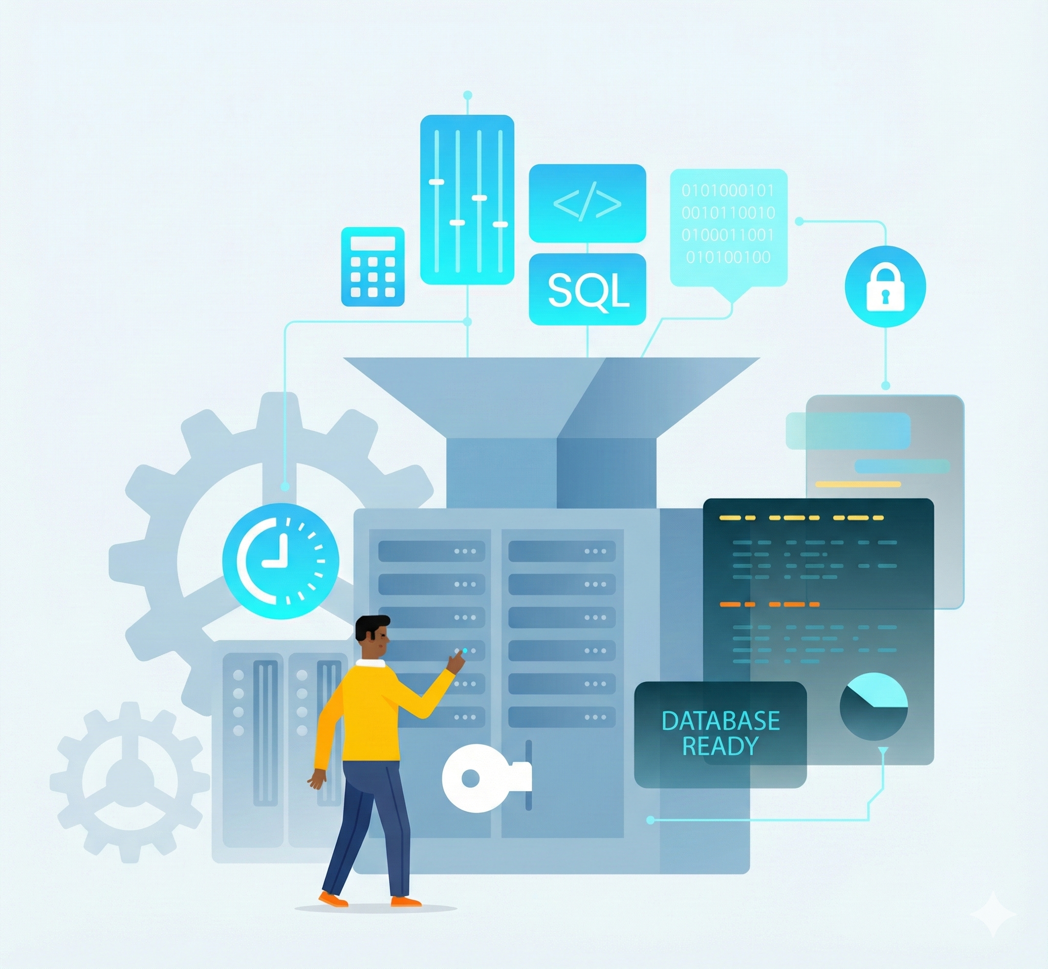 システム開発のイラスト - データベース、サーバー、エンジニアのイメージ